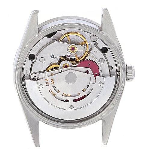 The image shows the internal mechanical movement of a Rolex Air-King 14010 Men's Stainless Steel Black Dial 14010 Men's Stainless Steel Black Dial watch, viewed from the back.