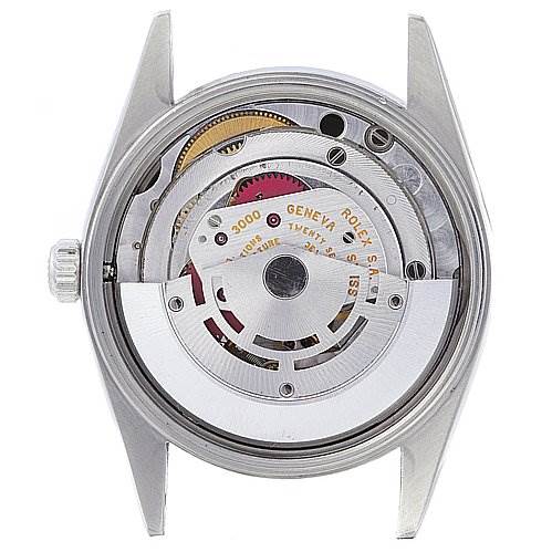 The image shows the back view of a Rolex Air-King 14010 Men's Stainless Steel Black Dial 14010 Men's Stainless Steel Black Dial watch, revealing the internal movement and mechanism.