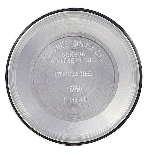 This image shows the stainless steel case back of a Rolex Air-King 14010 Men's Stainless Steel Black Dial 14010 Men's Stainless Steel Black Dial watch from a top-down angle.