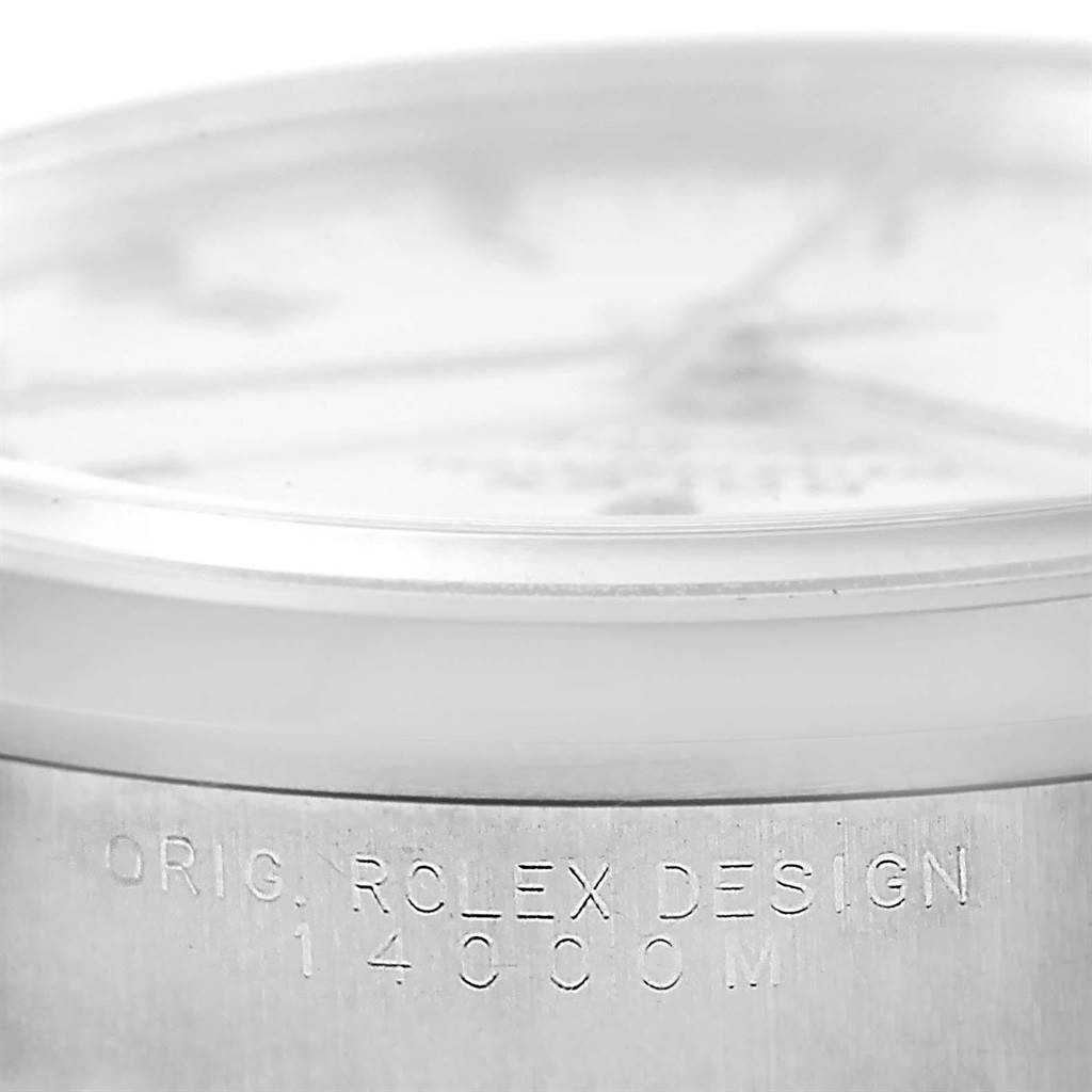 This image shows a close-up of the side view of a Rolex Air-King 14000 Men's Stainless Steel White Dial 14000 Men's Stainless Steel White Dial watch case, featuring the engraved design information.