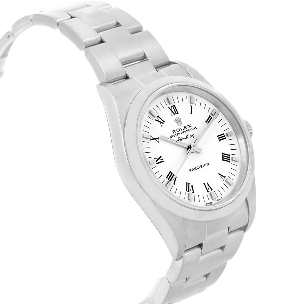 This Rolex Air-King 14000 Men's Stainless Steel White Dial 14000 Men's Stainless Steel White Dial watch is shown at a three-quarter angle, displaying the face, crown, bezel, and bracelet.