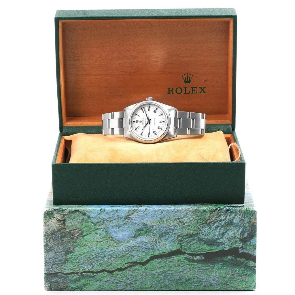 The image shows a front view of a Rolex Air-King 14000 Men's Stainless Steel White Dial 14000 Men's Stainless Steel White Dial watch in an open green and wood Rolex box.