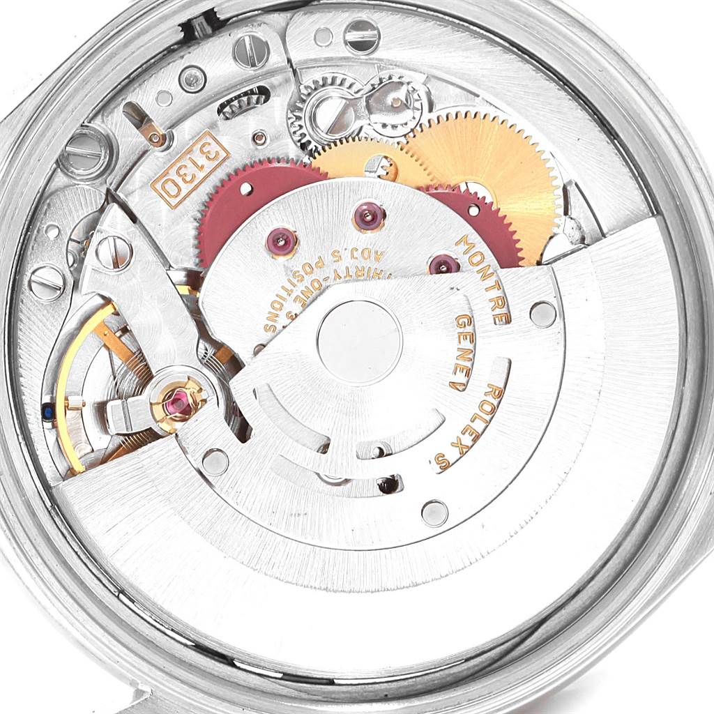 This image shows the internal mechanism of a Rolex Air-King 14000 Men's Stainless Steel White Dial 14000 Men's Stainless Steel White Dial watch viewed from the back, highlighting gears and the rotor.