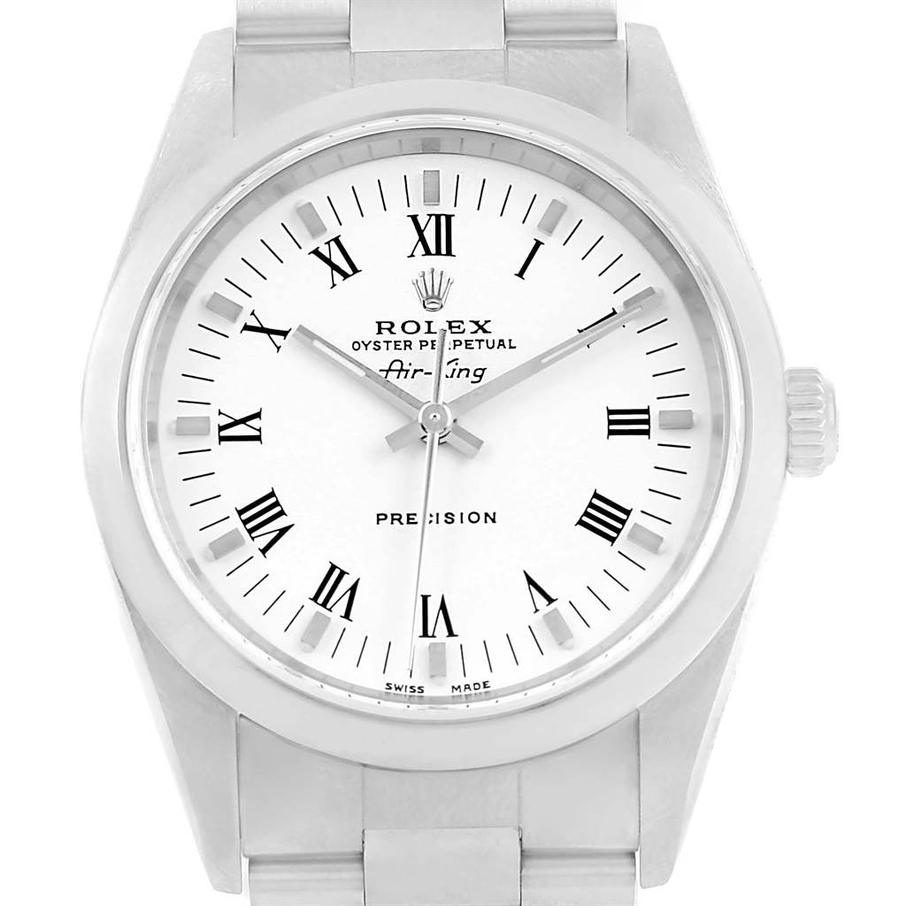 The image shows a front view of a Rolex Air-King 14000 Men's Stainless Steel White Dial 14000 Men's Stainless Steel White Dial watch, displaying its face, bezel, crown, and part of the bracelet.