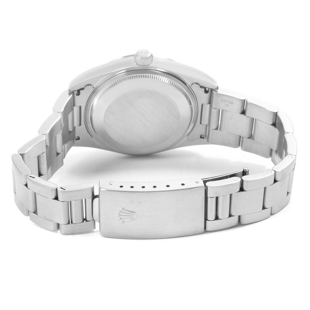 This image shows the back view of the Rolex Air-King 14000 Men's Stainless Steel White Dial 14000 Men's Stainless Steel White Dial watch, featuring its case back and metal bracelet with the clasp visible.