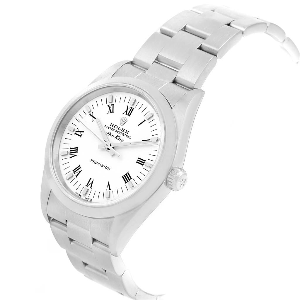 The image shows a Rolex Air-King 14000 Men's Stainless Steel White Dial 14000 Men's Stainless Steel White Dial watch at an angled view, highlighting the watch face, bezel, crown, and part of the bracelet.