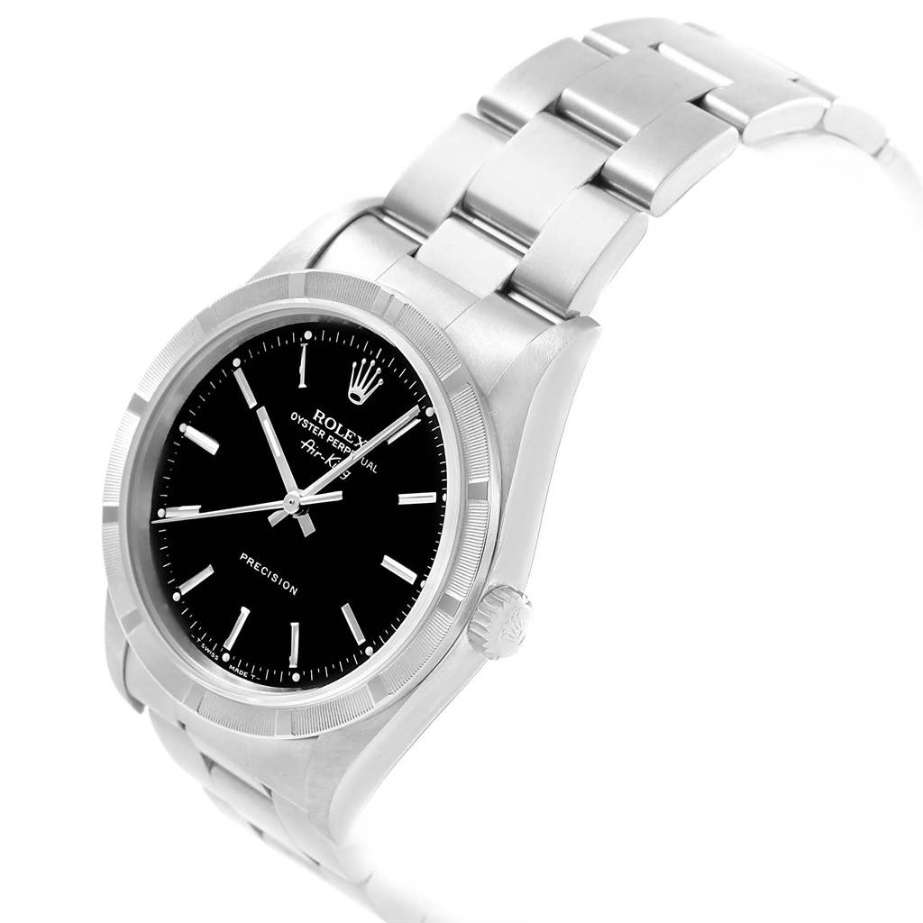 The Rolex Air-King 14010 Men's Stainless Steel Black Dial 14010 Men's Stainless Steel Black Dial watch is shown at a three-quarter angle displaying the dial, bezel, crown, and part of the bracelet.