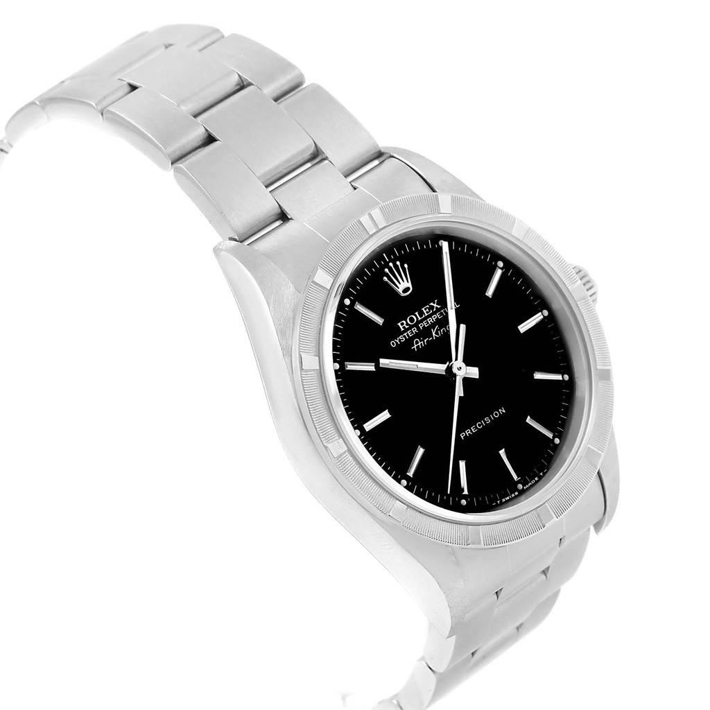 The image shows a side angle of a Rolex Air-King 14010 Men's Stainless Steel Black Dial 14010 Men's Stainless Steel Black Dial watch, displaying its band, case, bezel, and dial.