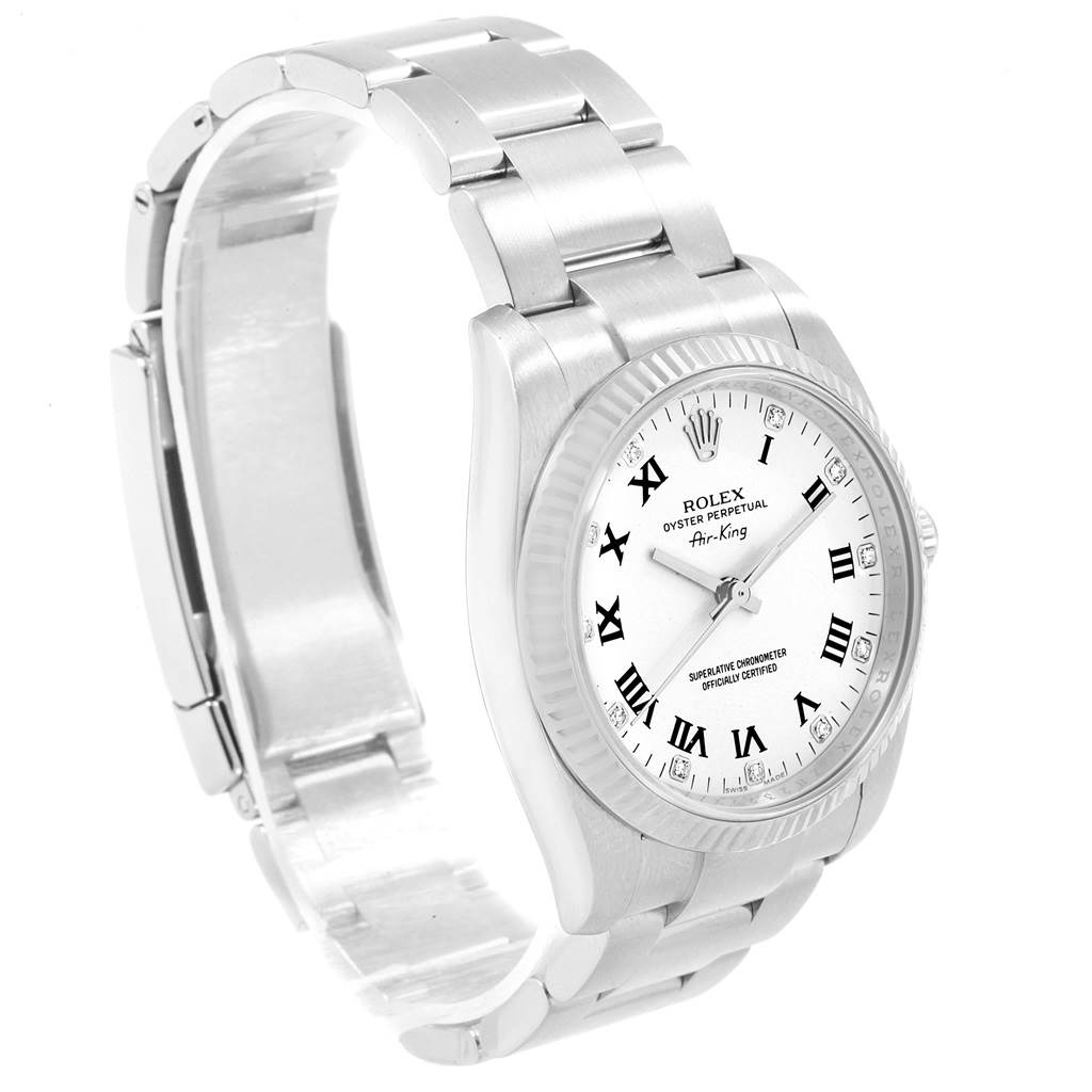 This image shows a Rolex Air-King 114234 Men's Stainless Steel White Dial 114234 Men's Stainless Steel White Dial model watch at a slight angle, highlighting the face, bracelet, and clasp.