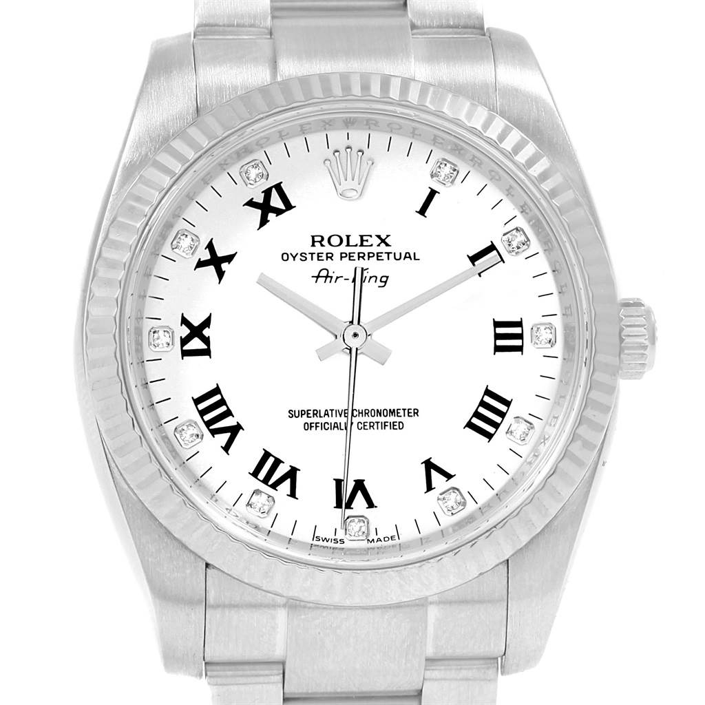 The image shows a front view of the Rolex Air-King 114234 Men's Stainless Steel White Dial 114234 Men's Stainless Steel White Dial watch, highlighting the dial, hands, and bezel.