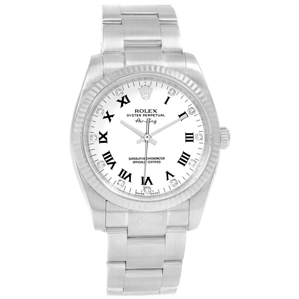 The image shows a front view of the Rolex Air-King 114234 Men's Stainless Steel White Dial 114234 Men's Stainless Steel White Dial watch, displaying its face, bezel, crown, and bracelet.