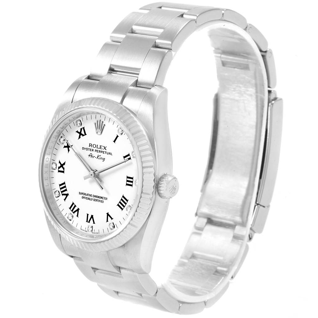 The Rolex Air-King 114234 Men's Stainless Steel White Dial 114234 Men's Stainless Steel White Dial watch is shown at a slight angle, displaying the dial, bezel, and bracelet.