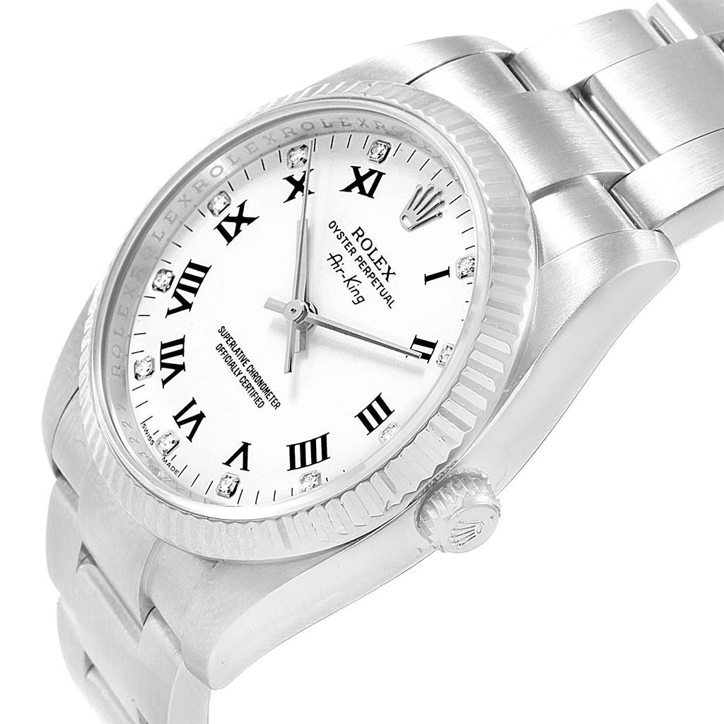 This image shows the Rolex Air-King 114234 Men's Stainless Steel White Dial 114234 Men's Stainless Steel White Dial watch at a slight upper side angle, displaying the face, bracelet, and crown.