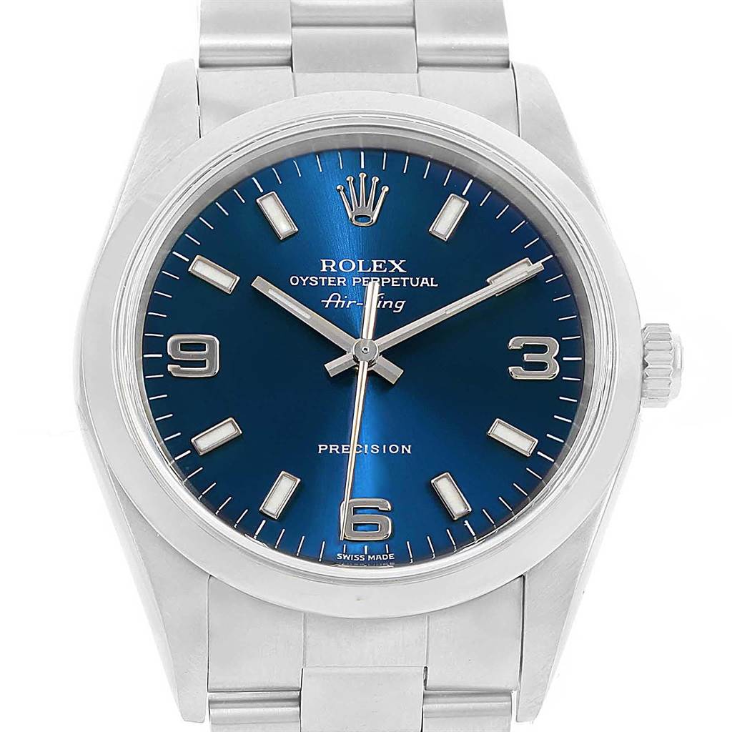 This image shows a close-up, front view of the Rolex Air-King 14000 Men's Stainless Steel Blue Dial 14000 Men's Stainless Steel Blue Dial watch, highlighting its blue dial and metal bracelet.