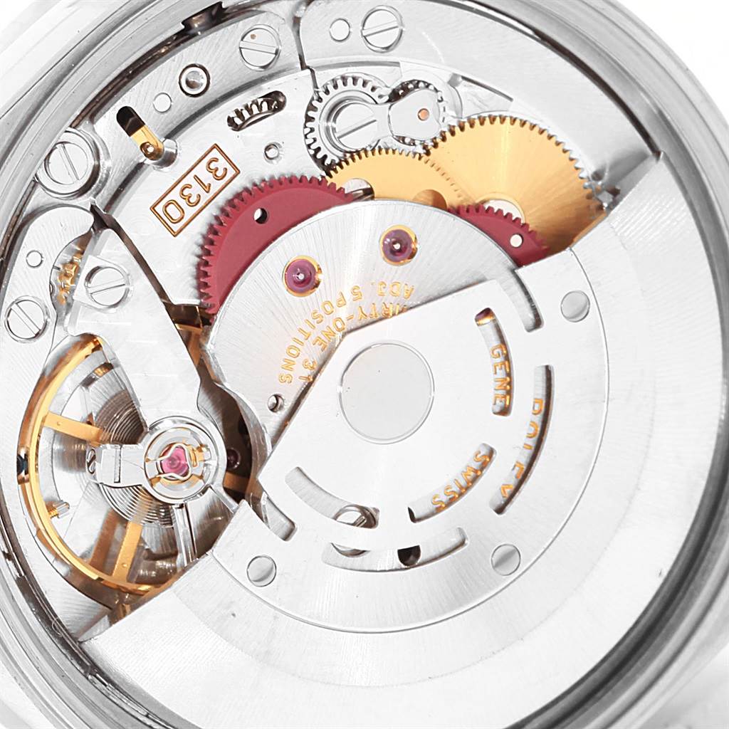 The image shows the intricate inner mechanism and gears of the Rolex Air-King 14010 Men's Stainless Steel Black Dial 14010 Men's Stainless Steel Black Dial watch from a close-up angle.