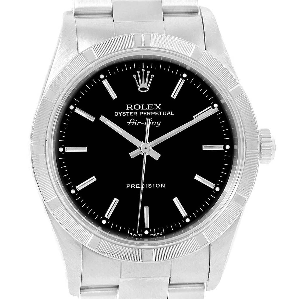 This image shows the face and part of the bracelet of the Rolex Air-King 14010 Men's Stainless Steel Black Dial 14010 Men's Stainless Steel Black Dial watch, viewed from the front.