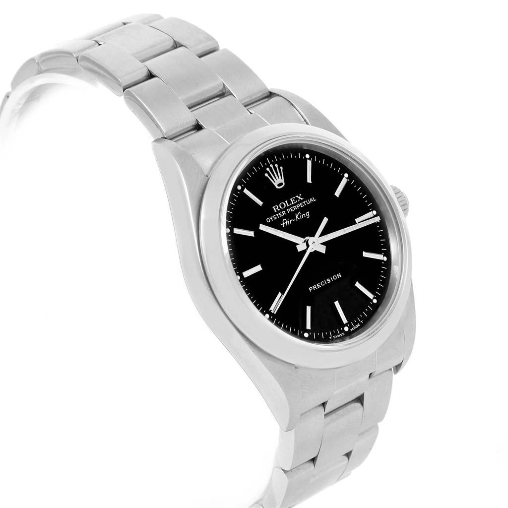 The image shows a side angle view of a Rolex Air-King 14000 Men's Stainless Steel Black Dial 14000 Men's Stainless Steel Black Dial watch, highlighting its black dial, stainless steel case, and bracelet.