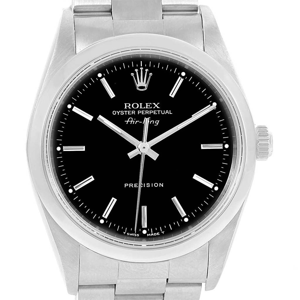 This image shows a front view of the Rolex Air-King 14000 Men's Stainless Steel Black Dial 14000 Men's Stainless Steel Black Dial watch, including the face, bezel, crown, and part of the bracelet.