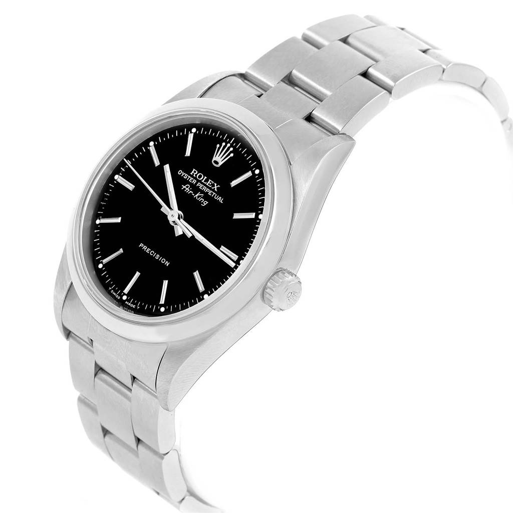 The image shows a Rolex Air-King 14000 Men's Stainless Steel Black Dial 14000 Men's Stainless Steel Black Dial watch angled from the front-left, highlighting the black dial, crown, and stainless steel bracelet.