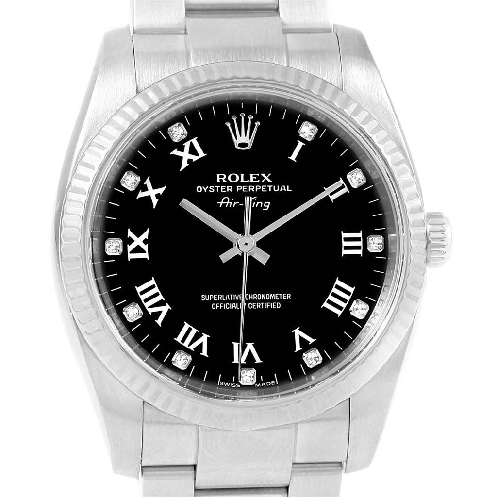 The image shows a front view of the Rolex Air-King 114234 Men's Stainless Steel Black Dial 114234 Men's Stainless Steel Black Dial watch, featuring its dial, bezel, and part of its bracelet.