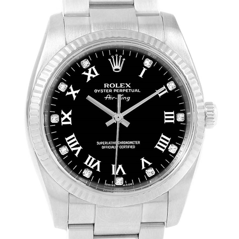 Rolex Air King Steel 18K White Gold Black Diamond Dial Watch 114234 SwissWatchExpo