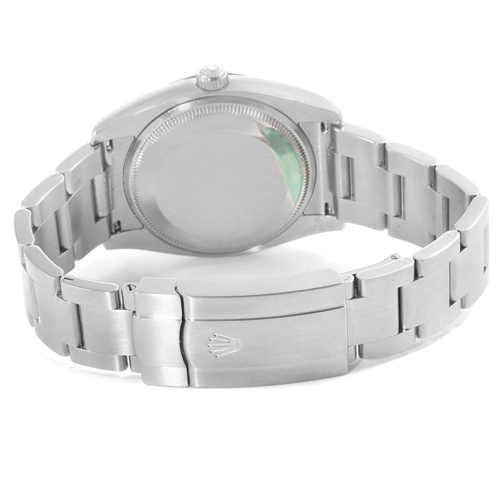 The image shows the back view of a Rolex Air-King 114234 Men's Stainless Steel Black Dial 114234 Men's Stainless Steel Black Dial watch, highlighting the case back, crown, and metal bracelet with clasp.