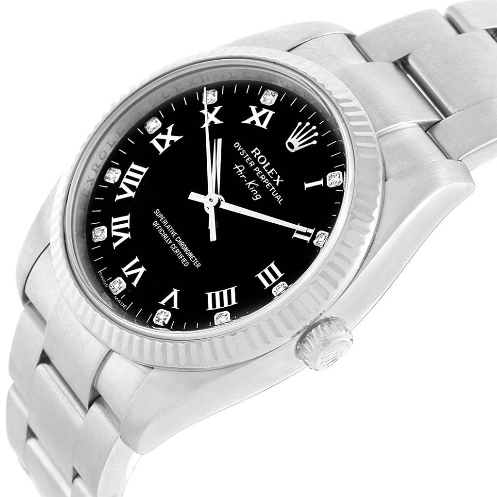 This image shows the Rolex Air-King 114234 Men's Stainless Steel Black Dial 114234 Men's Stainless Steel Black Dial model watch from a three-quarter angle, displaying the face, bezel, crown, and part of the bracelet.