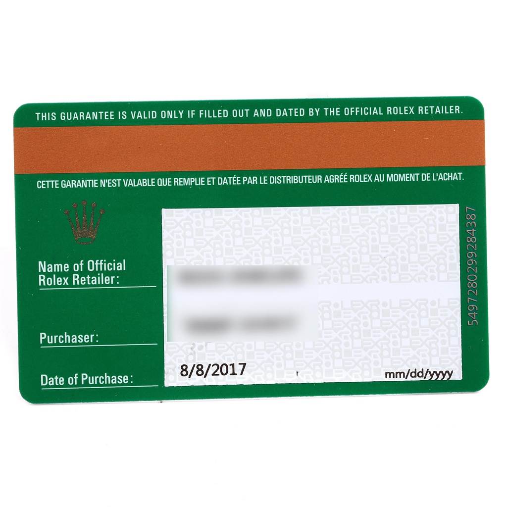 This image shows the warranty card for the Rolex Air-King 116900 Men's Stainless Steel Black Dial 116900 Men's Stainless Steel Black Dial model, including retailer information and purchase date.