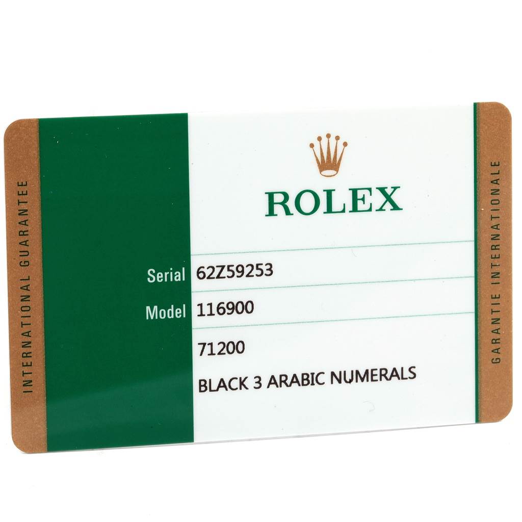 The image shows a warranty card for the Rolex Air-King 116900 Men's Stainless Steel Black Dial 116900 Men's Stainless Steel Black Dial model, including the serial number, model number, and descriptive details.