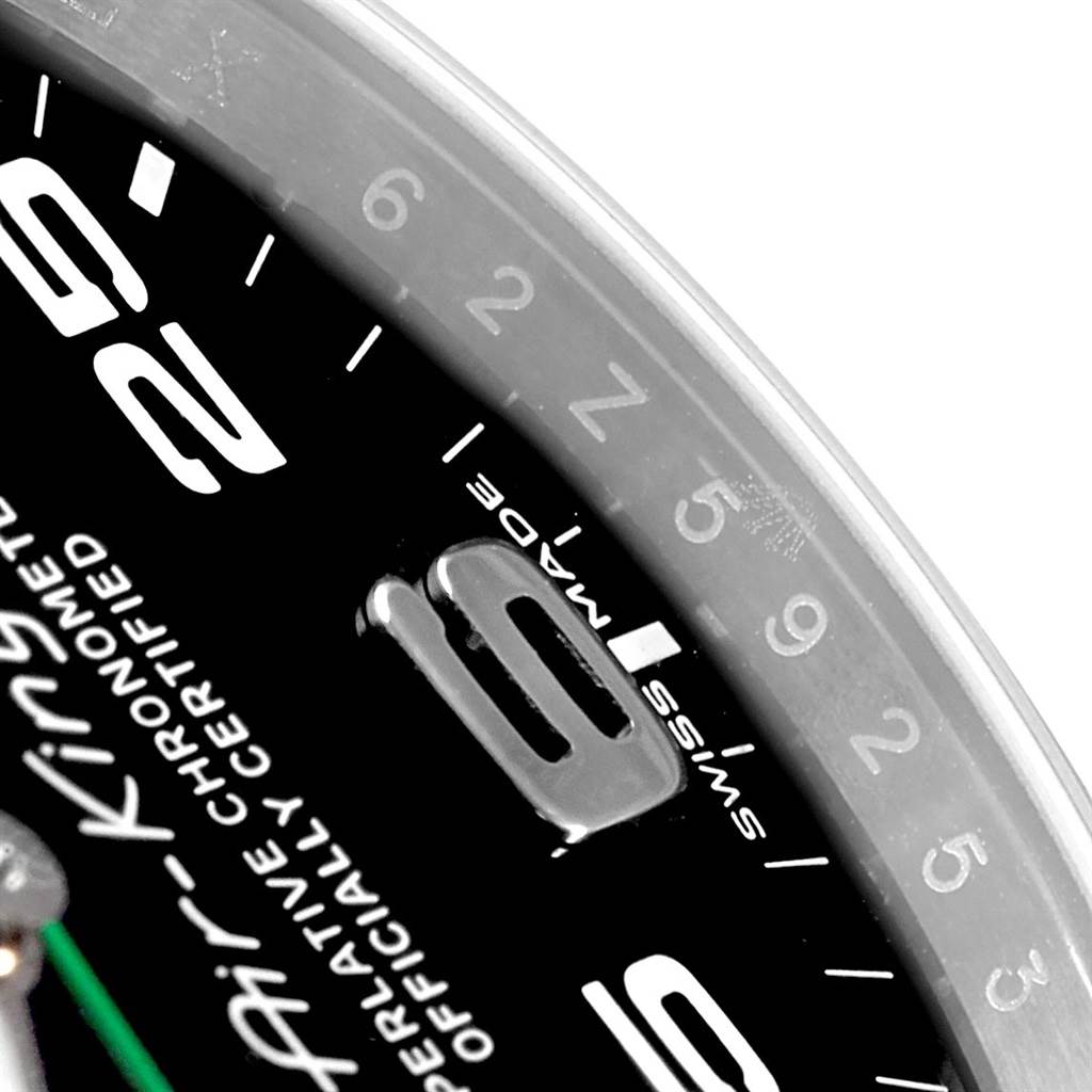 The image shows a close-up of the dial and bezel of a Rolex Air-King 116900 Men's Stainless Steel Black Dial 116900 Men's Stainless Steel Black Dial watch, highlighting the numerals and part of the text.