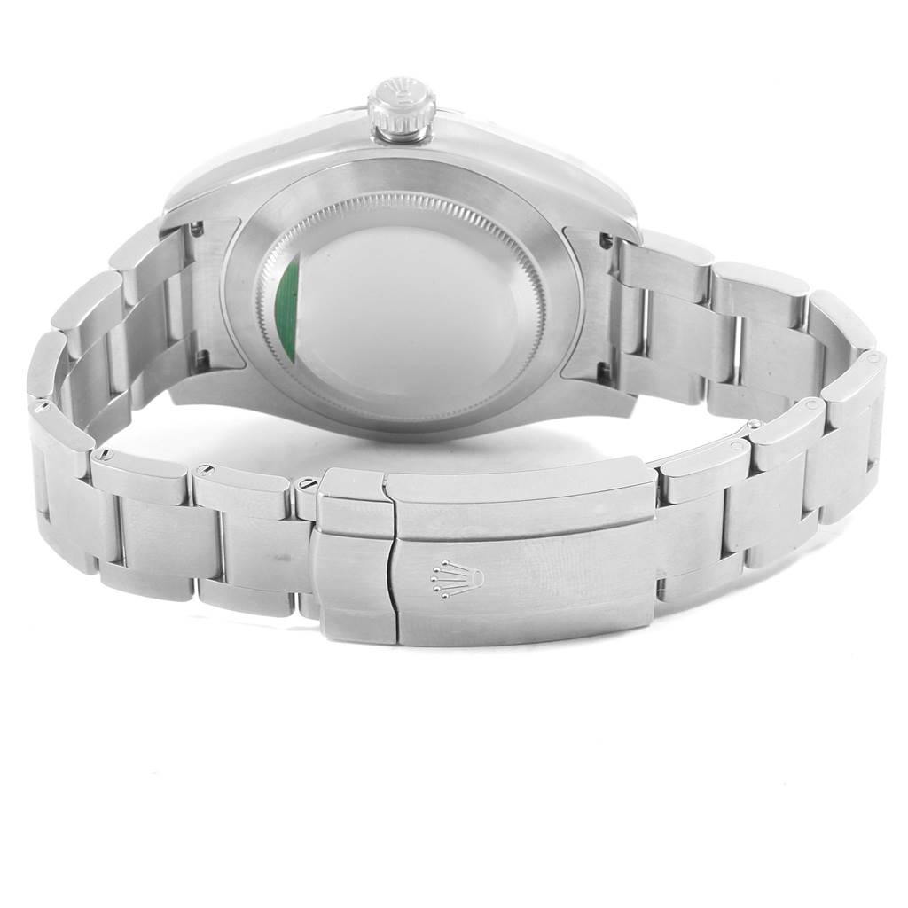 This is a rear view of a Rolex Air-King 116900 Men's Stainless Steel Black Dial 116900 Men's Stainless Steel Black Dial watch showing the case back, bracelet, and clasp.