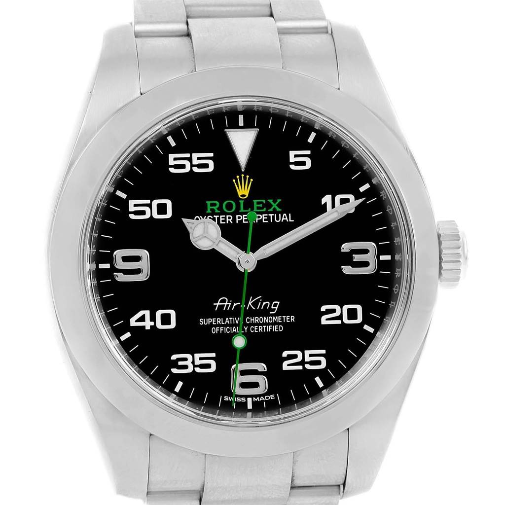 The image shows a frontal view of the Rolex Air-King 116900 Men's Stainless Steel Black Dial 116900 Men's Stainless Steel Black Dial watch, highlighting its dial, bezel, hands, and bracelet.