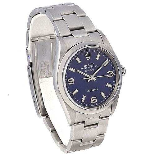 The image shows a Rolex Air-King 14000 Men's Stainless Steel Blue Dial 14000 Men's Stainless Steel Blue Dial watch angled to display the face, bezel, bracelet, and crown.