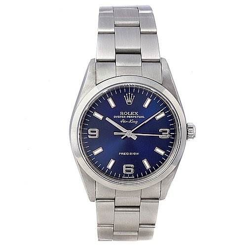 The image shows a frontal view of a Rolex Air-King 14000 Men's Stainless Steel Blue Dial 14000 Men's Stainless Steel Blue Dial watch, displaying its face, bezel, case, bracelet, and crown.