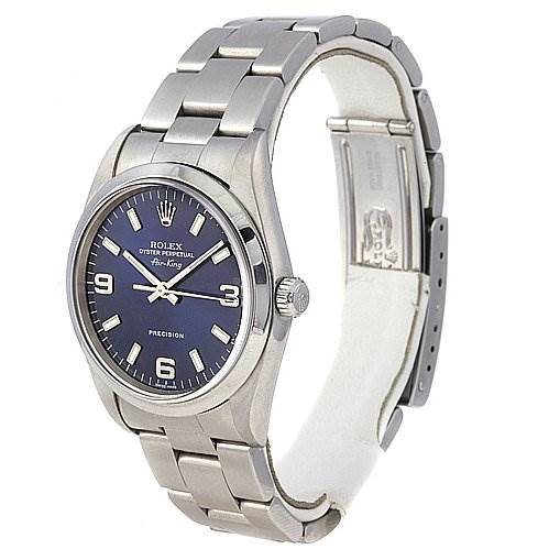 The watch is a Rolex Air-King 14000 Men's Stainless Steel Blue Dial 14000 Men's Stainless Steel Blue Dial with a stainless steel bracelet, viewed at a front angle showing the face and partial side profile.
