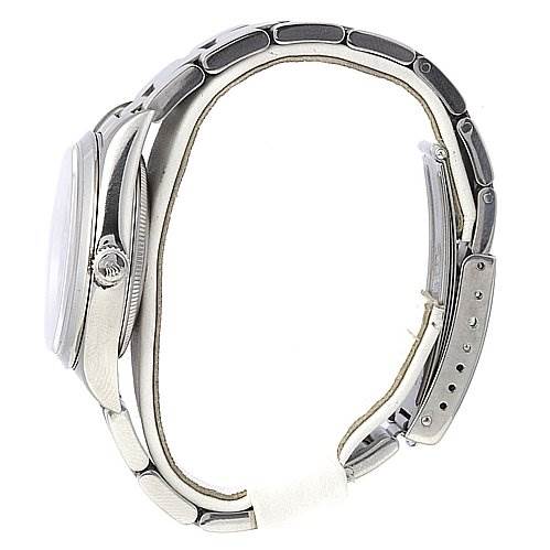 This side view of the Rolex Air-King 14000 Men's Stainless Steel Blue Dial 14000 Men's Stainless Steel Blue Dial watch shows the case, crown, bracelet, and clasp.