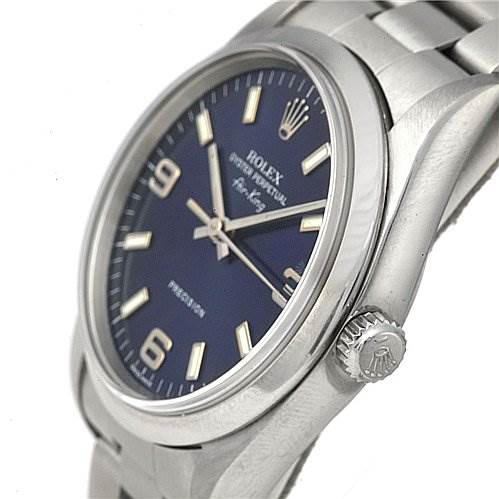 The image shows a close-up angle of the Rolex Air-King 14000 Men's Stainless Steel Blue Dial 14000 Men's Stainless Steel Blue Dial watch, highlighting the dial, crown, and part of the bracelet.