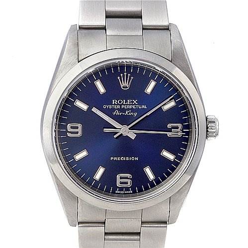 The image shows a frontal view of a Rolex Air-King 14000 Men's Stainless Steel Blue Dial 14000 Men's Stainless Steel Blue Dial watch, displaying the dial, crown, and stainless steel bracelet.