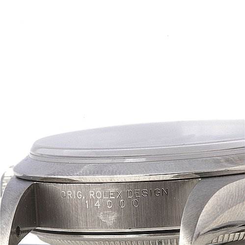 This image shows the side view of a Rolex Air-King 14000 Men's Stainless Steel Blue Dial 14000 Men's Stainless Steel Blue Dial watch, highlighting the case and the engraved model number "14000".