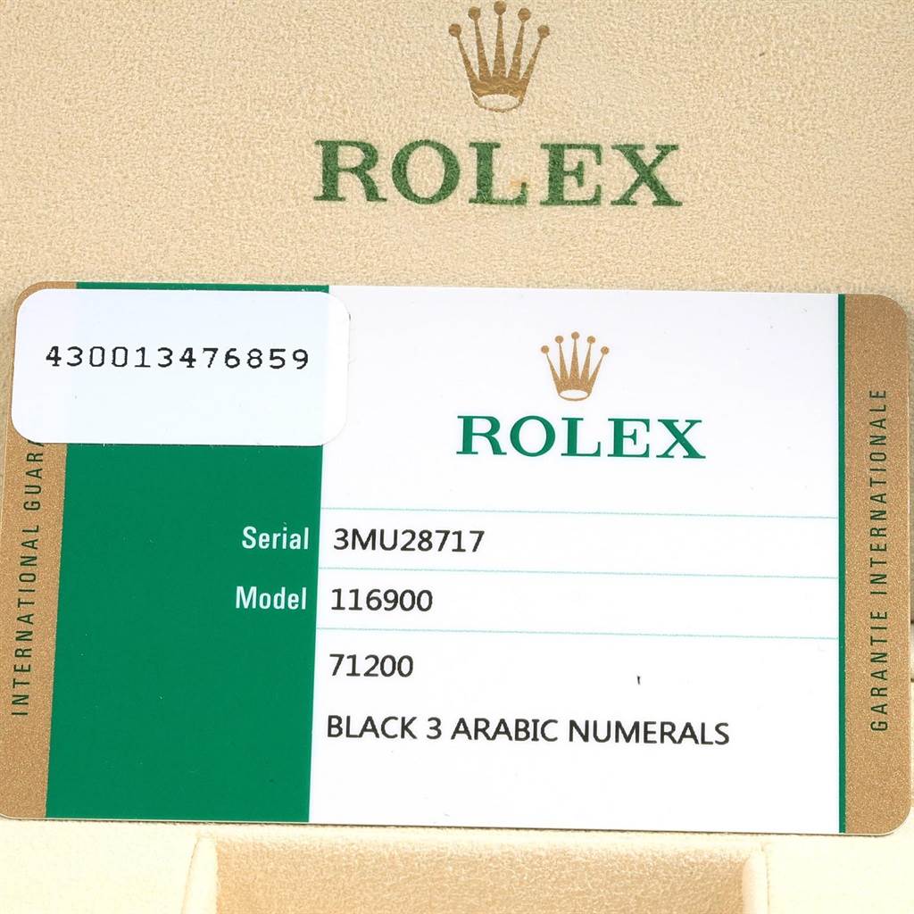 The image shows the guarantee card for the Rolex Air-King 116900 Men's Stainless Steel Black Dial 116900 Men's Stainless Steel Black Dial model 116900, detailing serial number 3MU28717.