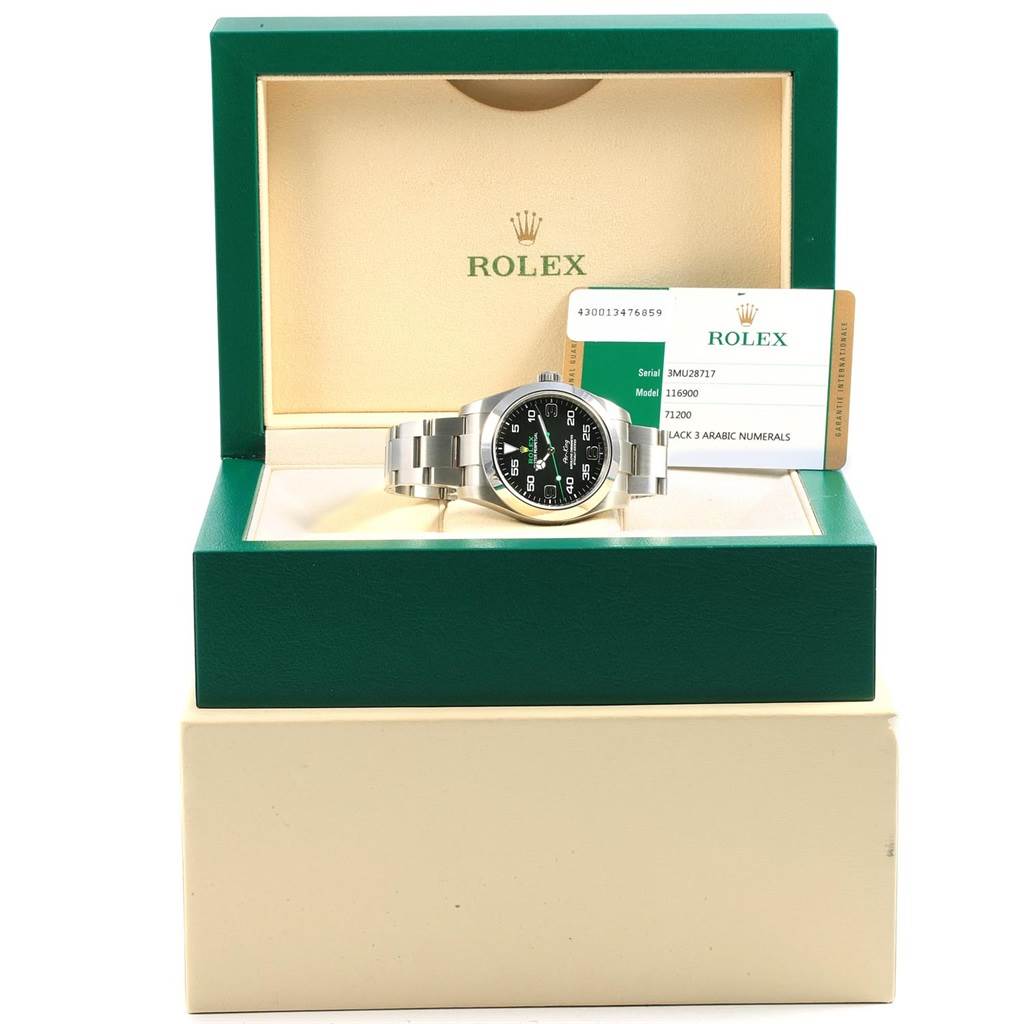 This image shows a Rolex Air-King 116900 Men's Stainless Steel Black Dial 116900 Men's Stainless Steel Black Dial watch displayed in its open green box, accompanied by its certification card.