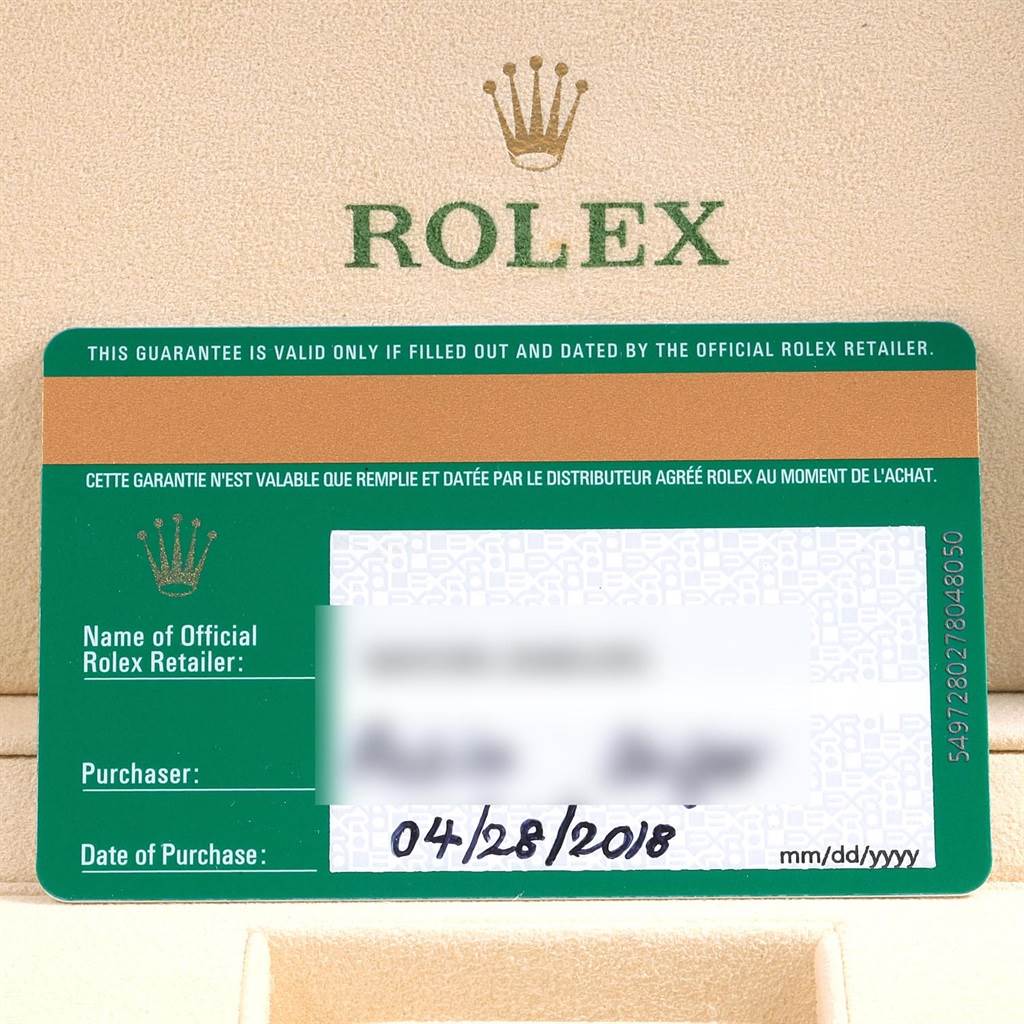The image shows a Rolex Air-King 116900 Men's Stainless Steel Black Dial 116900 Men's Stainless Steel Black Dial warranty card with the brand's logo and purchase details filled in.
