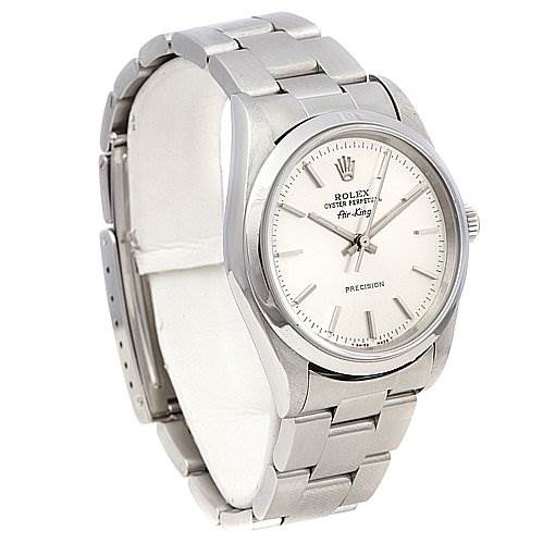 The image shows a Rolex Air-King 1400 Men's Stainless Steel Silver Dial 1400 Men's Stainless Steel Silver Dial watch at a three-quarter angle, highlighting its face, bezel, and metal bracelet.