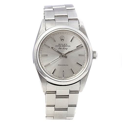 The image shows a front view of the Rolex Air-King 1400 Men's Stainless Steel Silver Dial 1400 Men's Stainless Steel Silver Dial watch, displaying its dial, hands, crown, and bracelet.