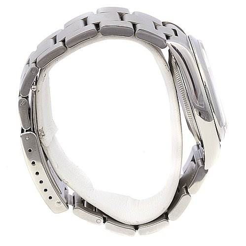 The image shows a side view of a Rolex Air-King 1400 Men's Stainless Steel Silver Dial 1400 Men's Stainless Steel Silver Dial watch, highlighting the bracelet, clasp, and case.