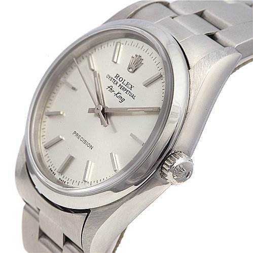 The image shows a close-up angle of the Rolex Air-King 1400 Men's Stainless Steel Silver Dial 1400 Men's Stainless Steel Silver Dial watch, highlighting the dial, bezel, crown, and part of the bracelet.