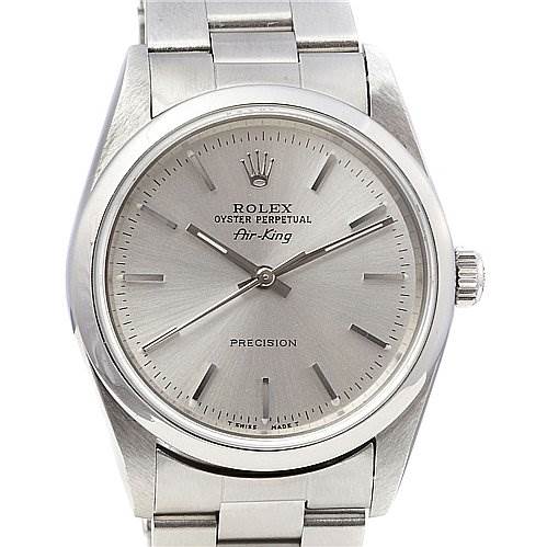 The image shows a front view of a Rolex Air-King 1400 Men's Stainless Steel Silver Dial 1400 Men's Stainless Steel Silver Dial watch, highlighting the dial, hands, crown, and part of the stainless steel bracelet.