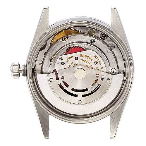 This image shows the back view of a Rolex Air-King 1400 Men's Stainless Steel Silver Dial 1400 Men's Stainless Steel Silver Dial watch, revealing its internal mechanical movement.