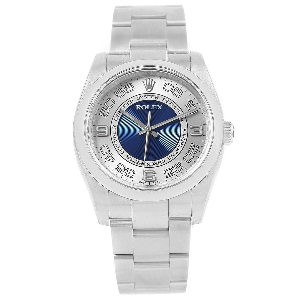 The image shows a full frontal view of a Rolex Air-King 116000 Men's Stainless Steel Silver Dial 116000 Men's Stainless Steel Silver Dial watch, displaying the watch face, bezel, and part of the bracelet.