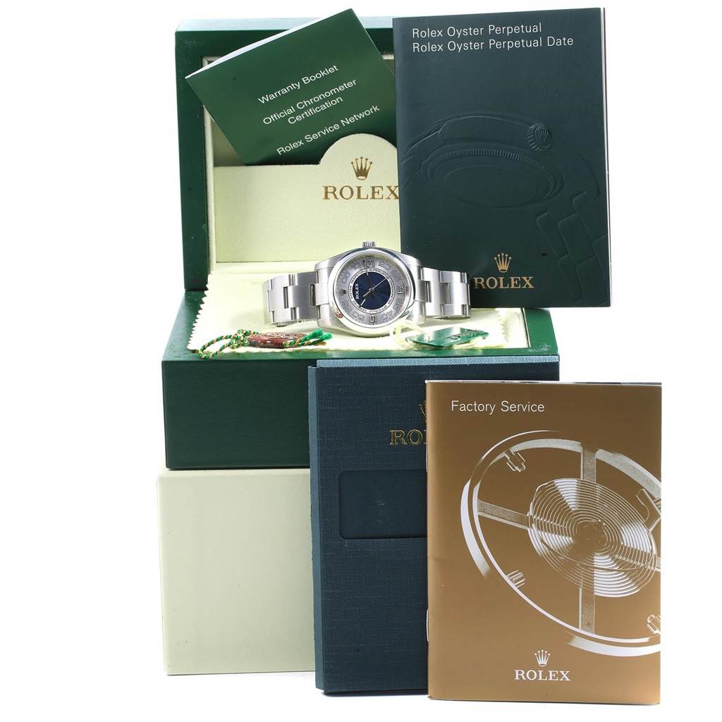 The image shows a Rolex Air-King 116000 Men's Stainless Steel Silver Dial 116000 Men's Stainless Steel Silver Dial watch with its box, warranty booklet, chronometer certification, and factory service manual.